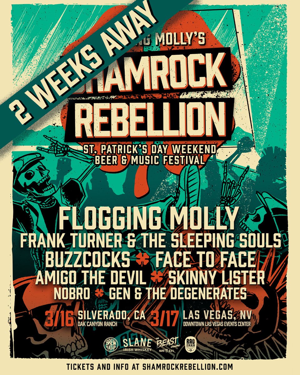 St. Patrick's Day 2024 is going to rule. Shamrock Rebellion is just 2 weeks away! 3 hours of unlimited craft beer, seltzer and cider tastings, music from me, and @floggingmolly, @Buzzcocks, @facetofacemusic, @AmigoTheDevil, Skinny Lister, NoBro and Gen and the Degenerates.
