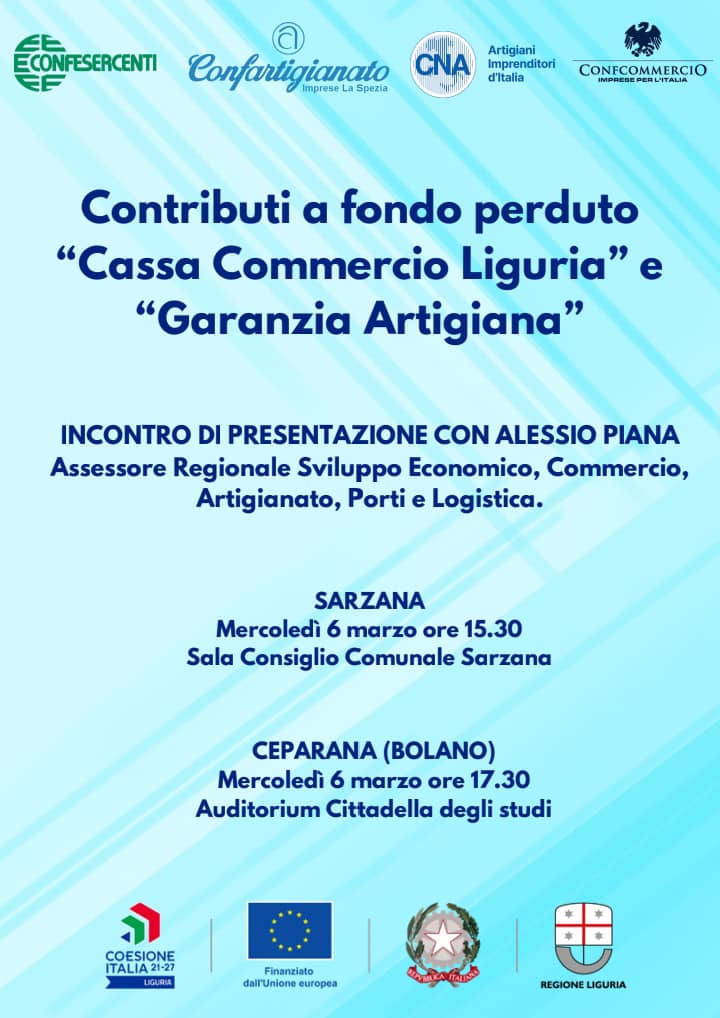 Bando contributi a fondo perduto per il Commercio e l’Artigianato, l’Ass. regionale sviluppo economico #AlessioPiana verrà mercoledì 6 marzo a #Sarzana alle ore 15.30 e a #Ceparana alle ore 17.30 per illustrare le opportunità del Fesr 2021-2027 in favore delle pmi