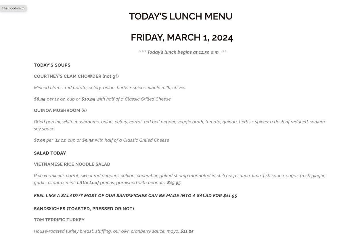 FoodsmithDUX's tweet image. We've kicked February to the Curb. Now,  it's time to show your Enthusiasm for March by enjoying a more-than-pre-tay, pre-tay good lunch @FoodsmithDUX! Call 781-934-0134 to order. We serve until 2 p.m.! #duxbury