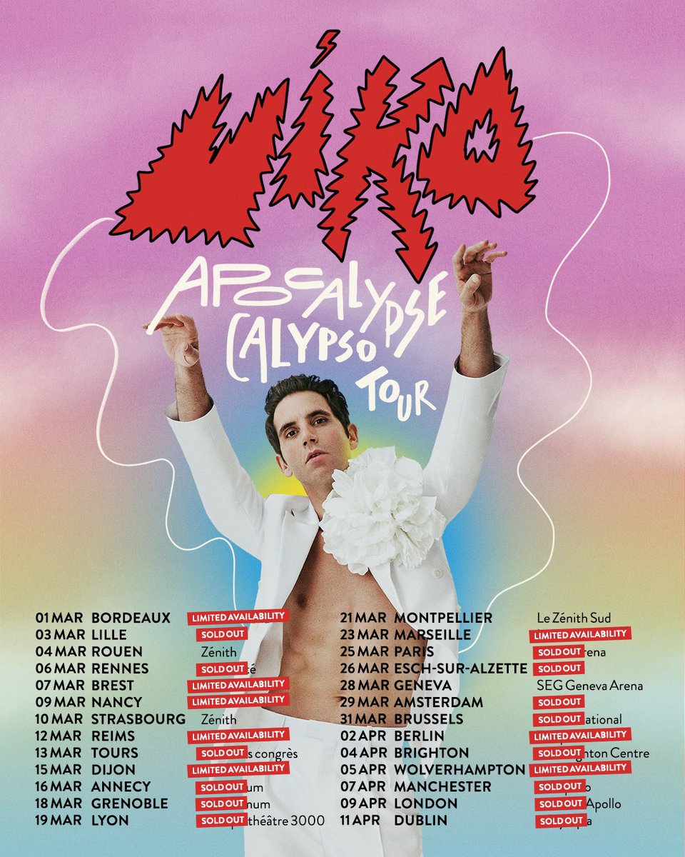 Last chance to get your tickets! I cannot believe it but we are almost sold out for the whole tour! See you tonight Bordeaux!! yomika.com/tour #apocalypsecalypso #mika #tour