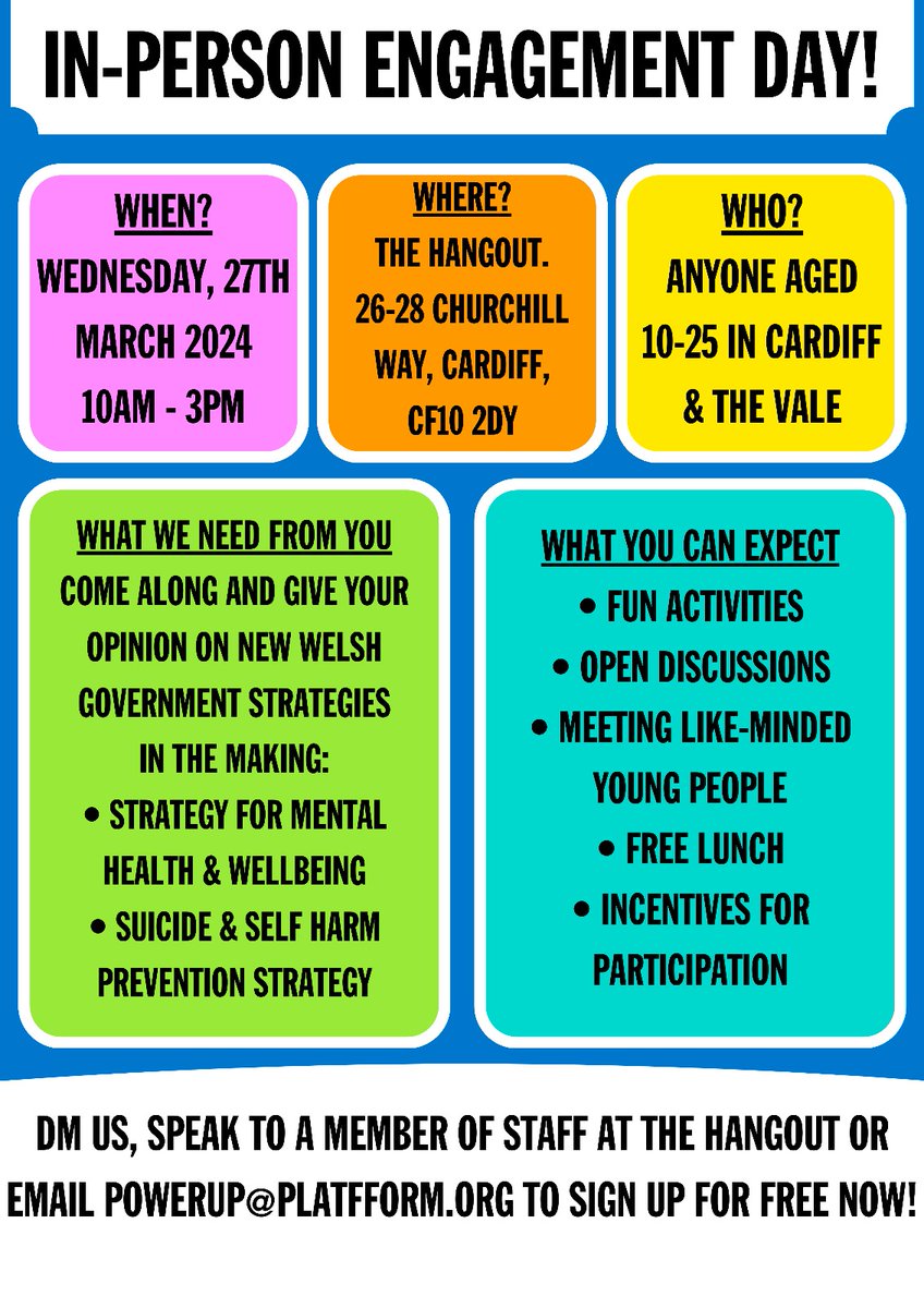 Platfform4YP (@platfform4yp) on Twitter photo If you're a young person, aged 10-25, in Cardiff and The Vale, join the Power-Up team for an in-person Engagement Day! 
(1/4) If you're a young person, aged 10-25, in Cardiff and The Vale, join the Power-Up team for an in-person Engagement Day! 
(1/4)