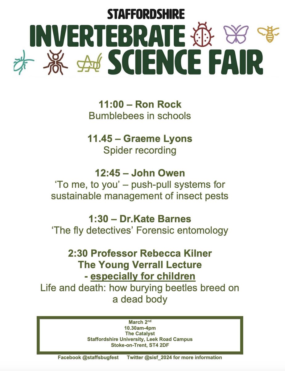 Come and say hi to us at the Staffordshire Invertebrate Science Fair @SISF_2024 TOMORROW Sat 2nd March 2024 at the Catalyst Building Staffordshire University Science Campus & join us with @RoyEntSoc for the Young Verrall Lecture at 14:30 on the fantastic carrion beetles!