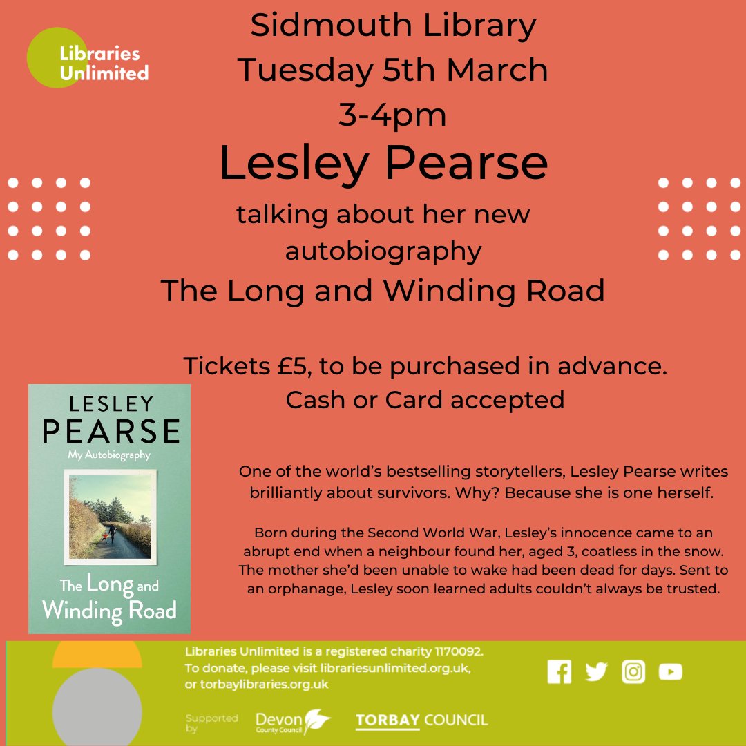 Don't miss out on tickets for this event with
Sidmouth Library next week!
 
3pm on Tuesday 5th March

Looking forward to sharing stories from  #TheLongAndWindingRoad with you all!

🎟️Book tickets via Sidmouth Library ⬇️