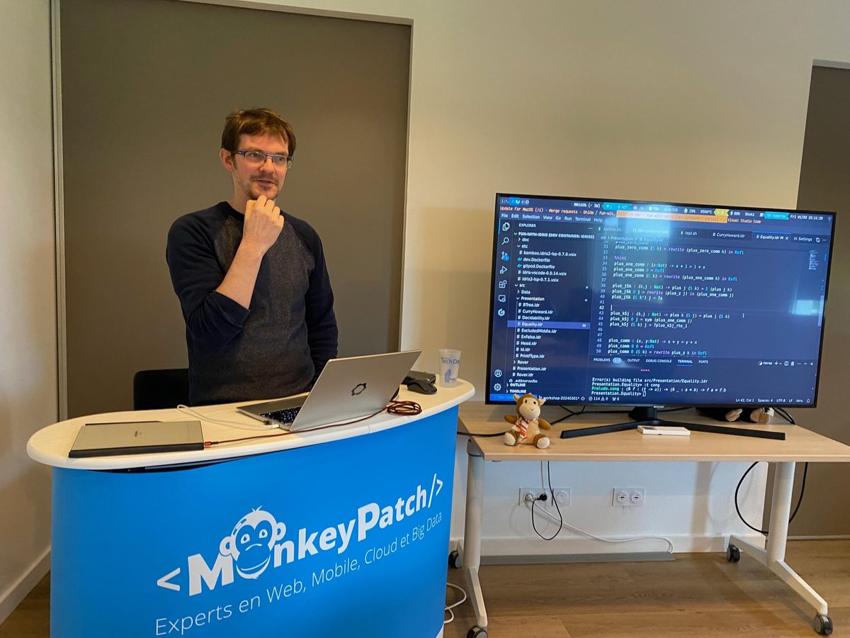 MonkeyPatch_io's tweet image. [📢​Workshop Idris2]
À l&apos;issu de son talk au #DevFestToulouse &quot;Programme et preuves - Le typage dépendant comme un moyen de structurer sa pensée&quot;, @glmxndr a proposé d&apos;explorer le langage #idris2 🔎 ! Cette après-midi est donc studieuse 🤓
#TypeTheory #DependentTypes