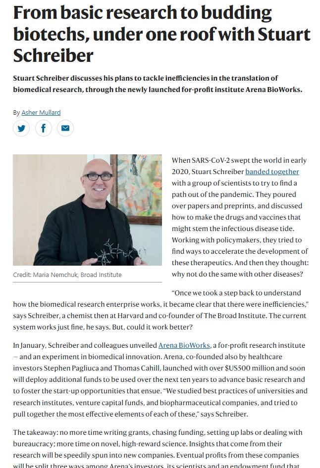 From basic research to budding biotechs, under one roof with Stuart Schreiber bit.ly/3Tj5yaK @SchreiberStuart discusses his plans to tackle inefficiencies in the translation of biomedical research, through the newly launched for-profit institute Arena BioWorks