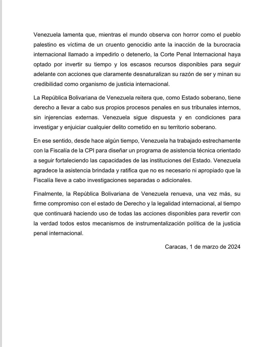#Comunicado Venezuela rechaza la infundada decisión de la Sala de Apelaciones de la Corte Penal Internacional, la cual responde a la intención de instrumentalizar los mecanismos de justicia penal internacional con fines políticos, todo ello sobre la base de una acusación por…