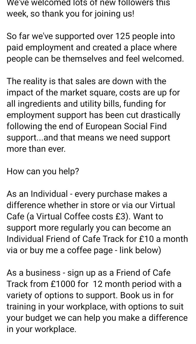 We've welcomed lots of new followers this week, so thank you for joining us! So far we've supported over 125 people into paid employment and created a place where people can be themselves and feel welcomed. But we need more help... #Autism #employment buymeacoffee.com/cafetrack