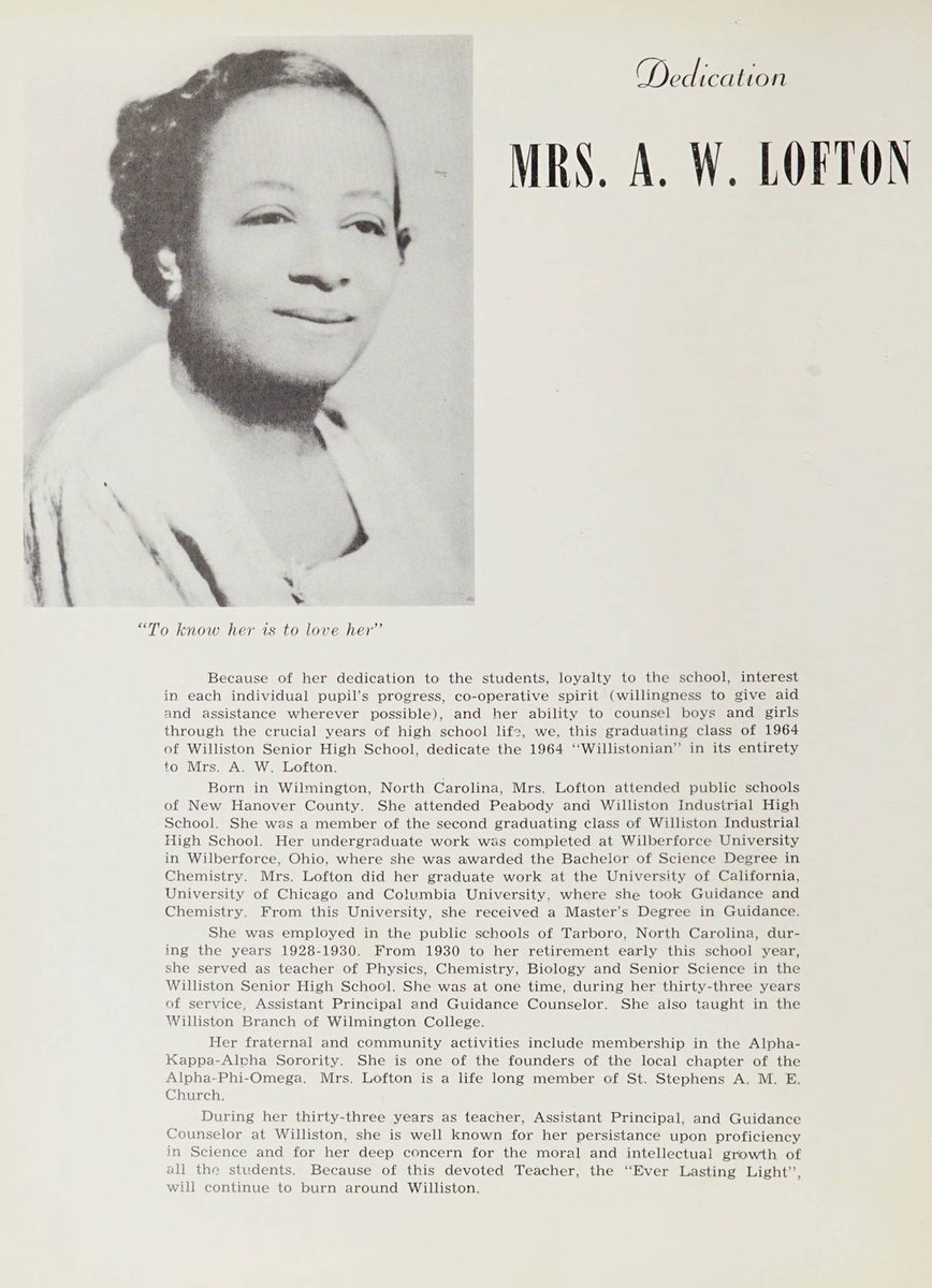 capefearmuseum's tweet photo. The 1964 Willistonian was dedicated to veteran chemistry teacher Alice Wood Lofton.  She was a grad of HBCU @WilberforceU and @Columbia.  She co-founded the local chapter of the @akasorority1908 in the 1930s and taught for 30+ years. #ArchivesWomeninStem #WomensHistoryMonth https://t.co/y8F3luJzeK