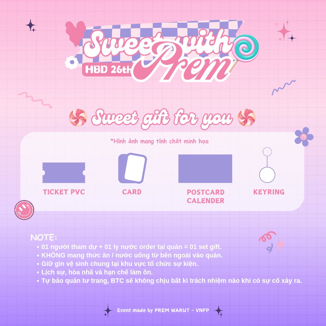 premwarut_vnfp's tweet photo. SWEET with PREM - Birthday Gathering 2024
📍BeMIND Cafe
46 Chu Mạnh Trinh, P.Bến Nghé, Q.1, HCM.
🗓 Ngày 10/03/2024
⏰ Từ 14h00-17h00
🎁Sweet Gift For You🎁
• 01 Ticket PVC
• 01 Card
• 01 Postcard Calendar
• 01 Keyring
#prem_space
#SweetWithPremHB26th https://t.co/A4GVsg3Jh8