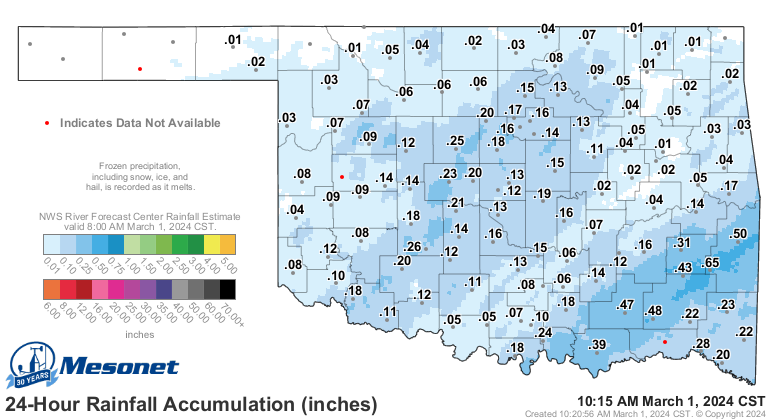 okmesonet's tweet photo. Nice to see a little measurable rainfall on the map. Unfortunately, either nothing or not enough to impact potential wildfire weather this weekend in the panhandle and northwest. #okmesonet https://t.co/UFqqnfWpcG