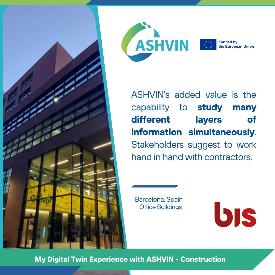 AshvinH2020's tweet image. 💫🗣#MyDigitalTwinExperience

📍After implementing the real-world #ASHVINDemonstrator in Barcelona, Spain, we have compiled stakeholder #bis feedback on ASHVIN's added value and suggestions for further development.

Check them out👇

#SmartBuilding #DigitalTwins