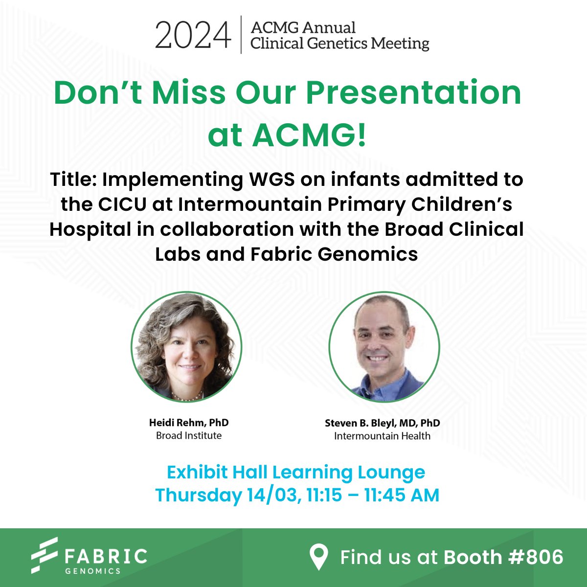 FabricGenomics's tweet image. Don't miss our presentation at #ACMG2024 meeting.
Implementing WGS on infants admitted to the CICU at @Intermountain Health's Primary Children’s Hospital in collaboration with the @BroadGenomics Clinical Labs and #FabricGenomics
03/14, 11:15 AM – 11:45 AM
bit.ly/4bVpqIk
