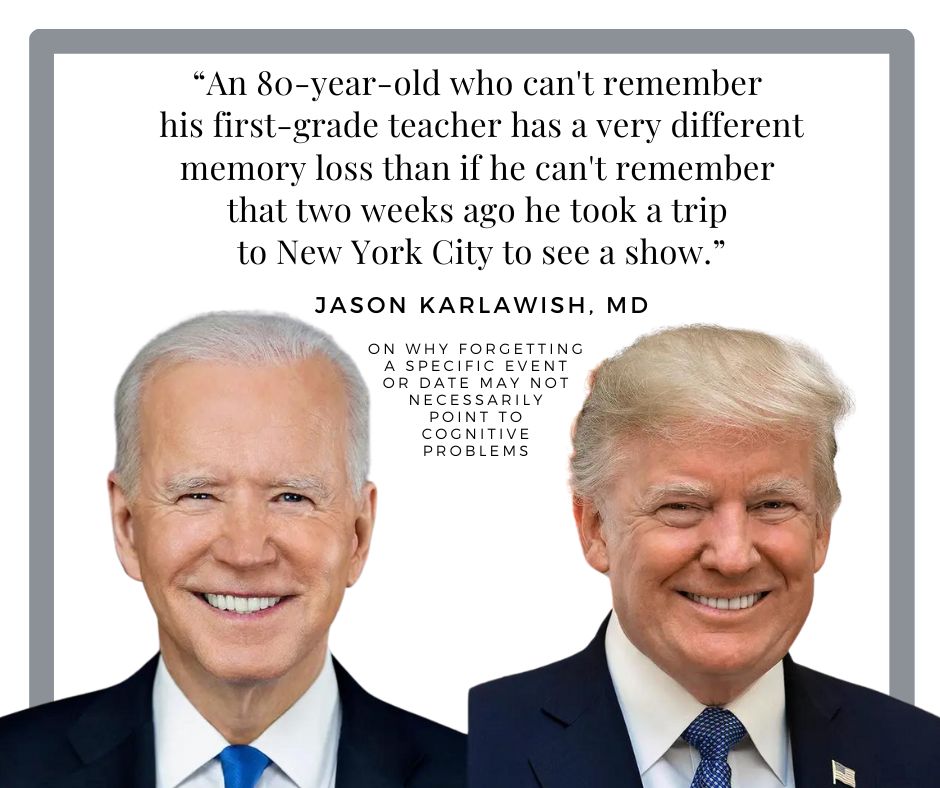 Presidential candidates Joe Biden and Donald Trump have publicly shown moments of forgetfulness in recent weeks, but PMC Co-Director @JasonKarlawish argues in @medpagetoday that these moments alone are not signs of cognitive impairment. bit.ly/3uF3OiM