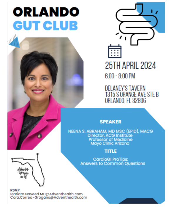 Another excellent opportunity in Orlando for @floridawomengi @MN_GIMD sponsored Orlando GUT Club with the one the only @NeenaSAbrahamMD the ❤️💨 (they need a colon emoji 😉) guru! Join us April 25 6-8PM RSVP required