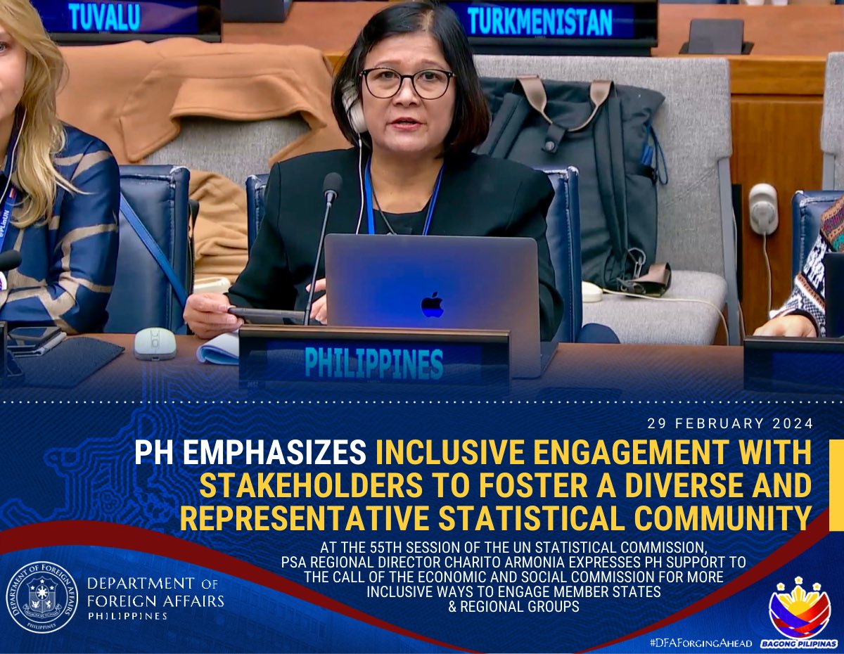 Philippine Statistics Authority Regional Director Charito Armonia emphasizes inclusive engagement with Member States & regional groups to foster a diverse & representative statistical community at Day 3 of the 55th session of UN Statistical Commission.#UN55SC @DFAPHL @PSAgovph