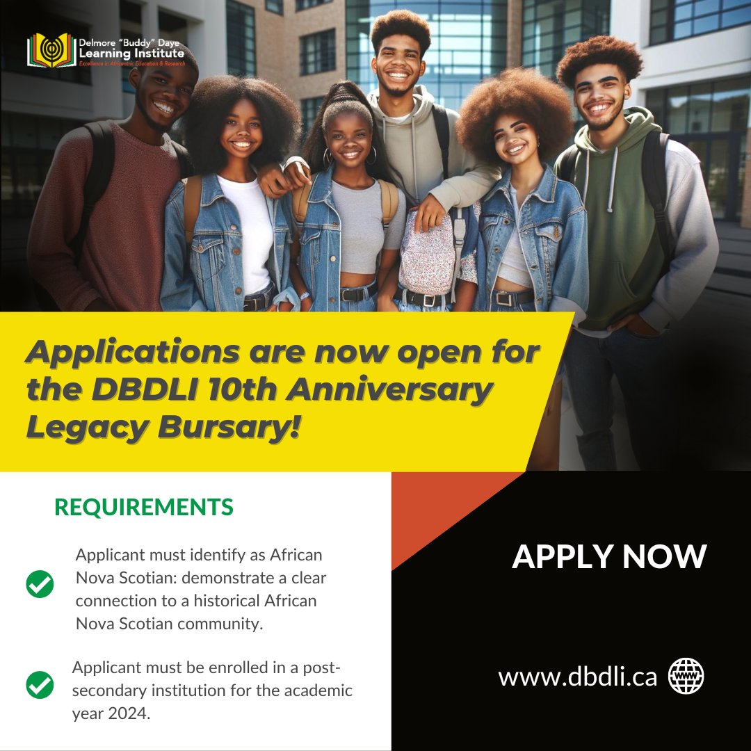 Calling all African Nova Scotian students attending or enrolling in post secondary education! 🎓 Applications are now open for the DBDLI 10th Anniversary Legacy Bursary! This one-time offering is in recognition of our 10th anniversary which was marked in November 2022. Two