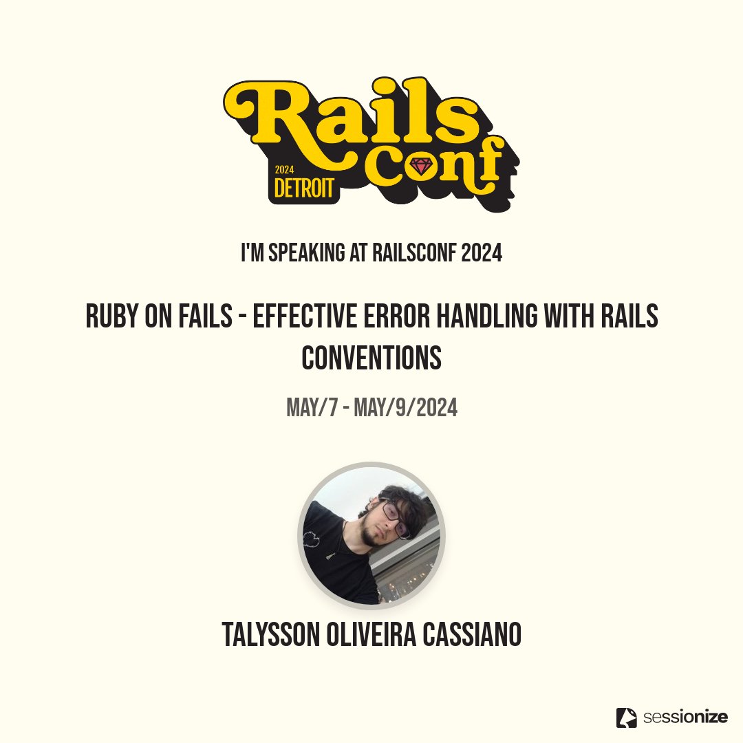 Talysson de Oliveira (@talyssonoc) on Twitter photo I'm more than pleased to announce that I will be speaking at <a href="/railsconf/">RailsConf</a>  2024! After attending last year for the first time and meeting a lot of cool people, I'm grateful for the opportunity to talk at this awesome event! See you all there to talk about effective error handling! I'm more than pleased to announce that I will be speaking at <a href="/railsconf/">RailsConf</a>  2024! After attending last year for the first time and meeting a lot of cool people, I'm grateful for the opportunity to talk at this awesome event! See you all there to talk about effective error handling!