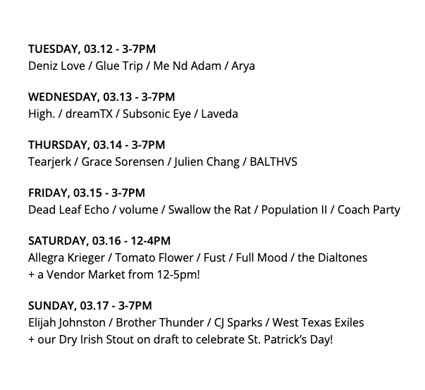 OUT BY SOUTH EAST presented by <a href="/meanwhilebeer/">Meanwhile Brewing Company</a> 

6 days of live music. Food trucks and cold beer will be available.

🗓 Tue 3/12 - Sun 3/17
📍 Meanwhile (3901 Promontory Point)

Free entry with RSVP - bit.ly/3TeYiwo #SXSW