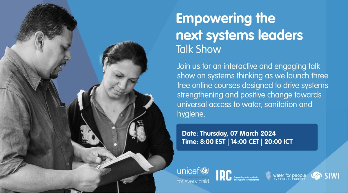 Next week March 7, 2024🚨Join the conversation on achieving universal water, sanitation, and hygiene services. Our Talk Show will feature systems experts as we launch 3 groundbreaking courses. Register now ⤵️ bit.ly/SystemsLeaders…