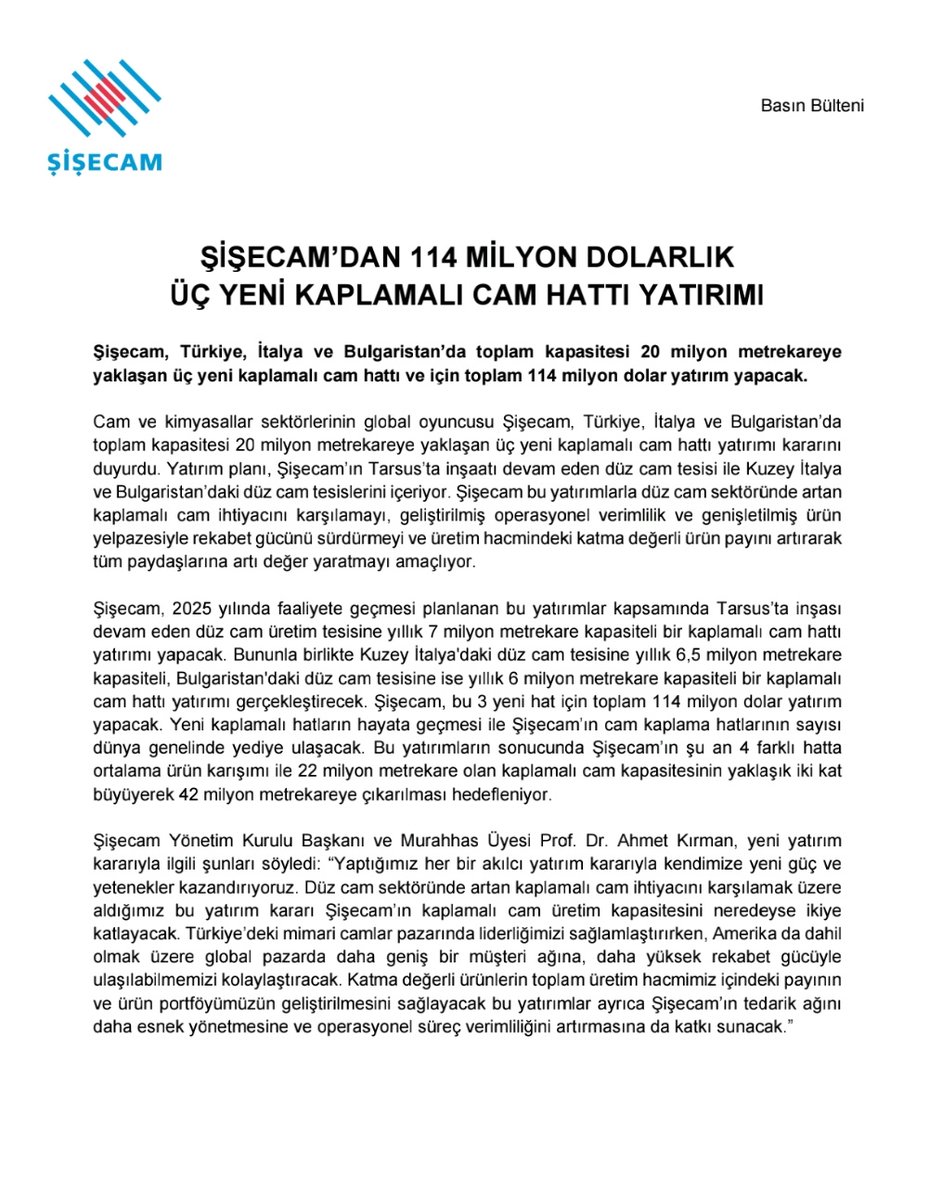 #sise #şişecam ŞİŞECAM’DAN 114 MİLYON DOLARLIK ÜÇ YENİ KAPLAMALI CAM HATTI YATIRIMI Şişecam, Türkiye, İtalya ve Bulgaristan’da toplam kapasitesi 20 milyon metrekareye yaklaşan üç yeni kaplamalı cam hattı için toplam 114 milyon dolar yatırım yapacak.