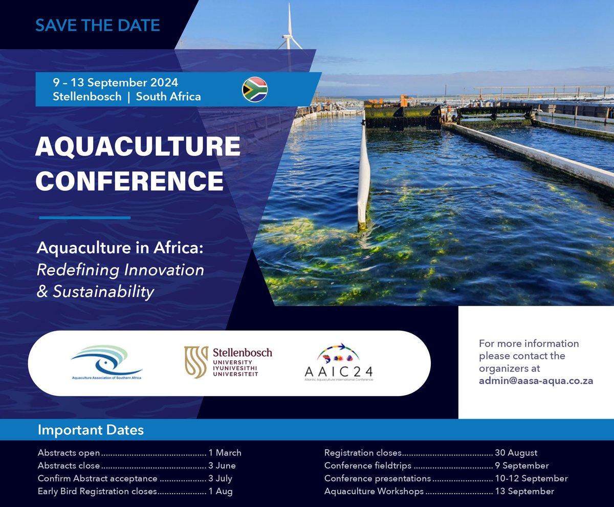 SAVE THE DATE!

9-13TH September 2024

And while you are at it check out our newly revamped website! Loads of new exciting content to follow! 

aasa-aqua.co.za

#Aasa24 #AquacultureinAfrica