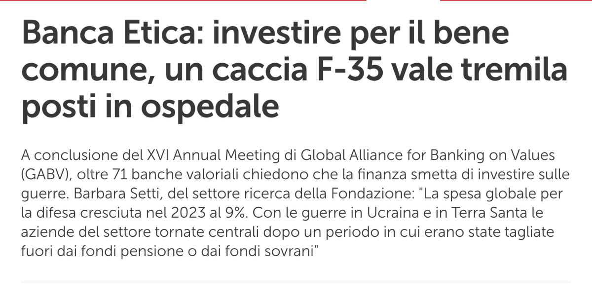 Le quindici maggiori banche europee investono in aziende produttrici di armi per un importo pari a 87, 72 miliardi di euro.

@bancaetica <a href="/EticaSgr/">Etica Sgr</a> <a href="/bankingonvalues/">Global Alliance for Banking on Values (GABV)</a> <a href="/FFinanzaEtica/">Fond. Finanza Etica</a>