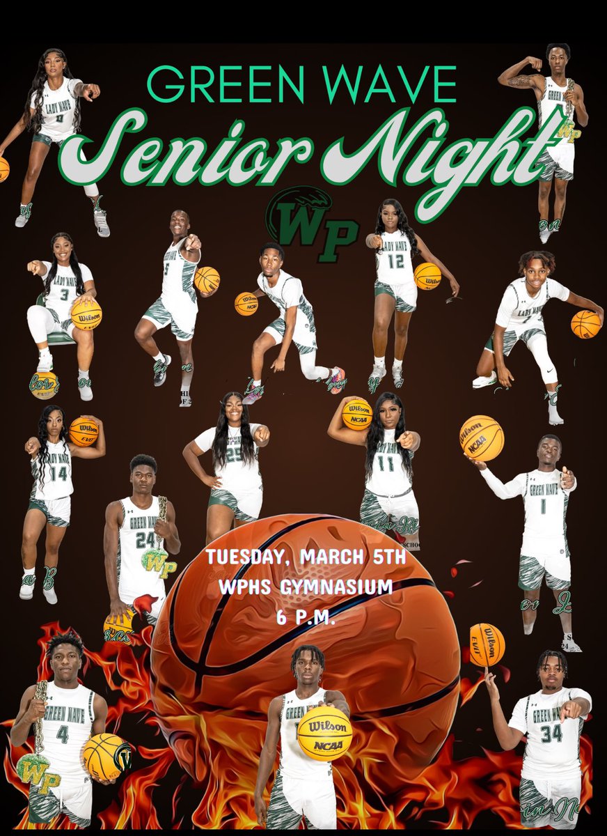 Green Wave Senior Night recognition and scrimmage💚🌊🏀 When: Tuesday, March 5th at 6:00 p.m. Where: WPHS Gymnasium General Admission: FREE We hope to see you ALL there!! Congratulations Senior girls & boys!!
