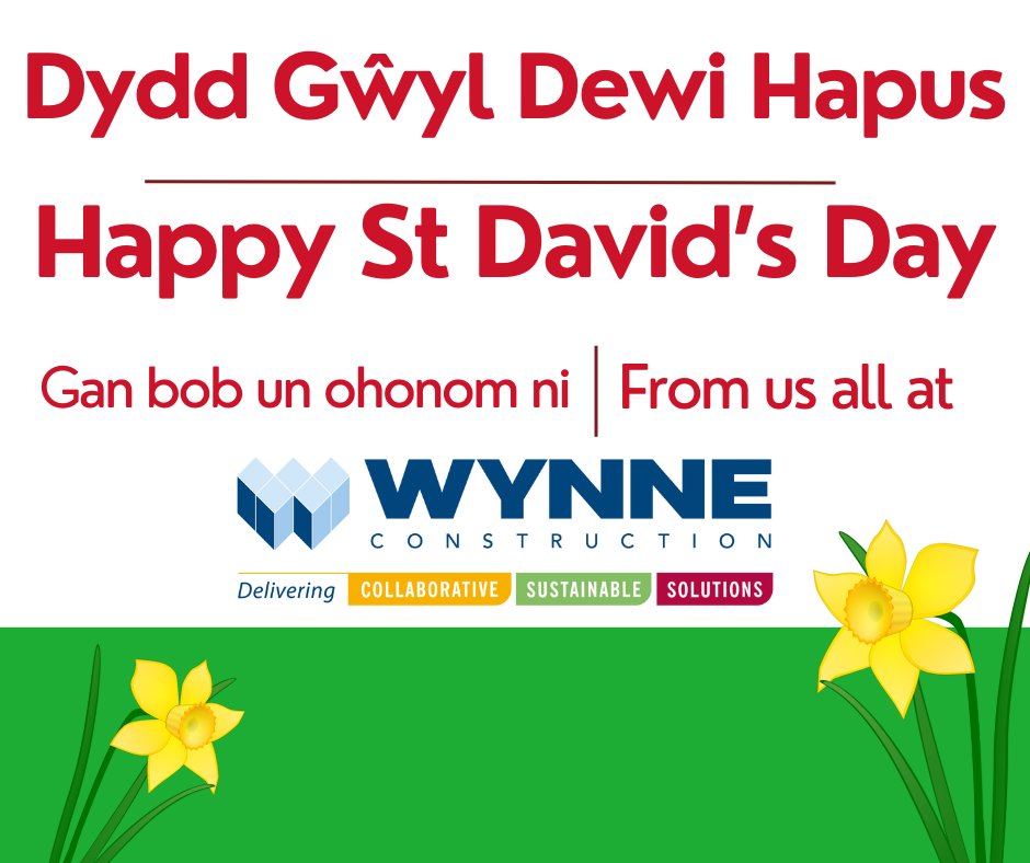 Wynne Construction wish you a happy St Davids Day In 2022-2023 we achieved: 🔹 14% of persons on site were Welsh speakers 🔹 52% lived in Wales 🔹 111 persons previously unemployed, were given work and/or employability opportunities 🔹 62% of subcontractors based in Wales