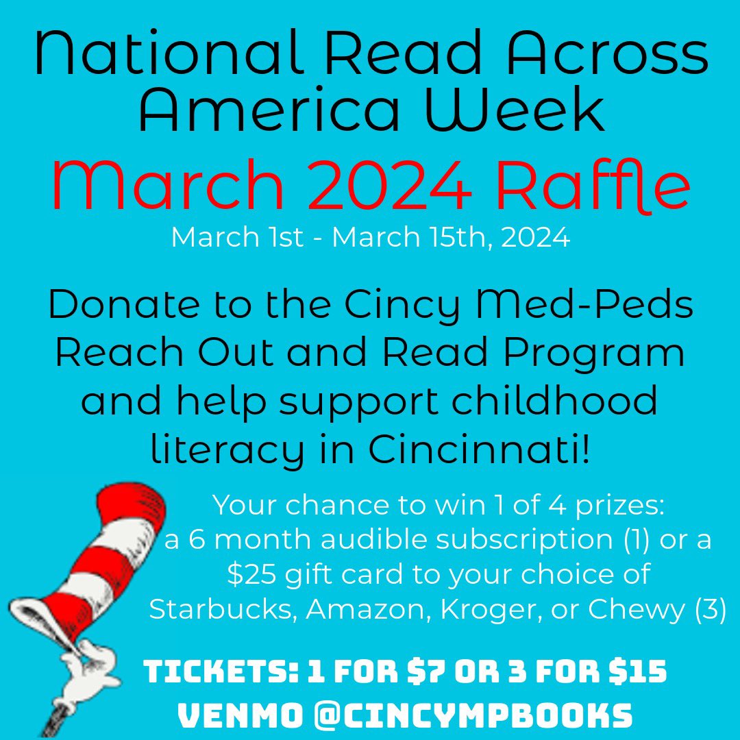Cincinnati Med-Peds (@cincymedpeds) on Twitter photo Enter to win great prizes is our annual <a href="/reachoutandread/">Reach Out and Read</a> fundraiser for #NationalReadAcrossAmericaWeek and promote child literacy along the way! Thank you for helping us support child literacy. Enter to win great prizes is our annual <a href="/reachoutandread/">Reach Out and Read</a> fundraiser for #NationalReadAcrossAmericaWeek and promote child literacy along the way! Thank you for helping us support child literacy.