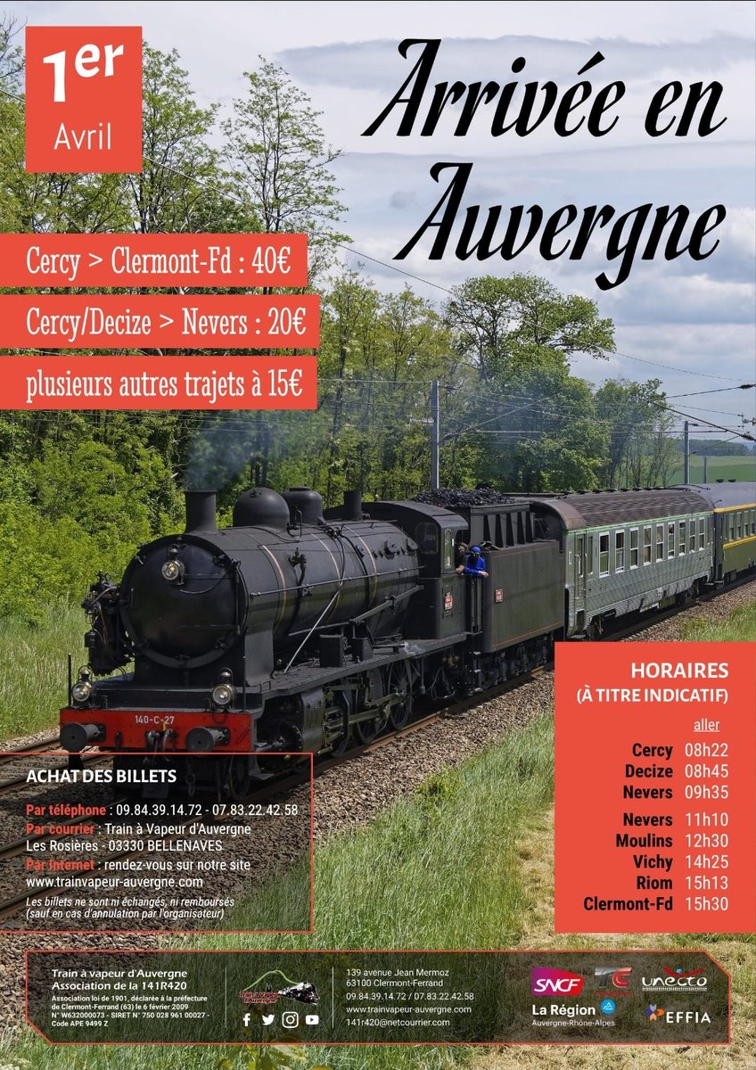 Le 1er Avril 2024, @AssoR420 vous propose un voyage vers l'Auvergne avec une locomotive à vapeur. Elle partira de Cercy la Tour et ira jusqu'à Clermont Fd en passant à Decize, Nevers, Moulins, Vichy et Riom
