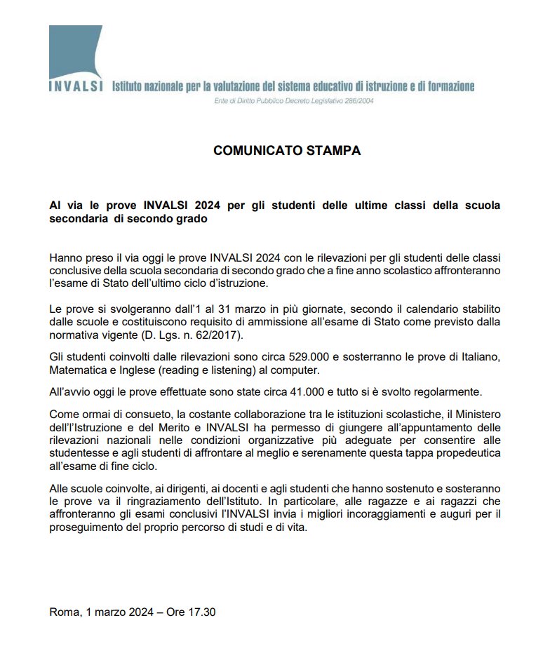 Invalsi_social's tweet photo. Hanno preso il via oggi le prove INVALSI 2024 con le rilevazioni per gli studenti delle classi conclusive della scuola secondaria di secondo grado che a fine anno scolastico affronteranno l’esame di Stato dell’ultimo ciclo d’istruzione.

Il Comunicato stampa https://t.co/AYlLzFPGFY