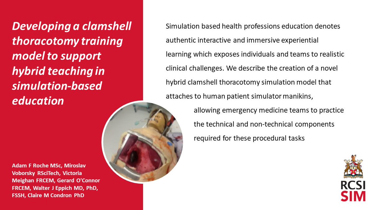 We're delighted to see the latest RCSI SIM paper in @EMAJournal! @AdamRoche7 & @ClaireCondron4 led this publication on the clamshell thoracotomy model developed by @MiroVoborsky, with @vickymeighan & @drgeroconnor. This model is now in use on @RCSI_EM_Sim & @RCSI_CPD courses!