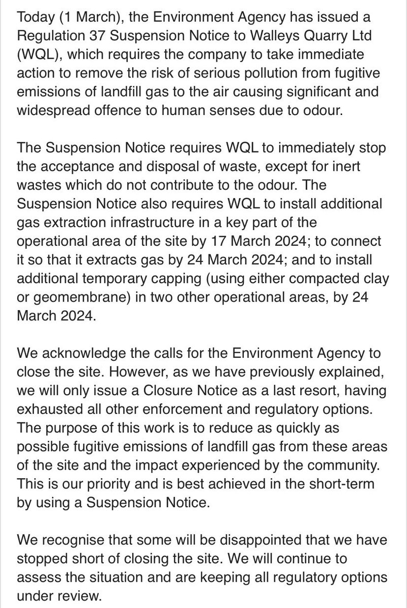 🚨Environment Agency issue Suspension Notice against Walleys Quarry Landfill with immediate effect🚨
Hopefully the first step toward closure, full capping off and restoration of the site. #stopthestink