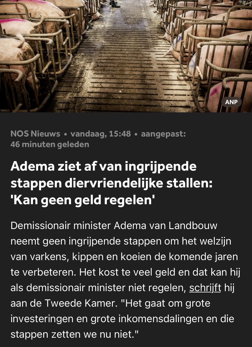 Schandalig dat <a href="/ministerlnv/">MinisterN_S</a> mijn wijziging van de #wetdieren wil vervangen door een lege huls. Als het aan hem ligt krijgen de dieren in de vee-industrie minder bescherming, ipv meer.

Onacceptabel.

Ik roep de Kamer op:

Stem tegen plan Adema!