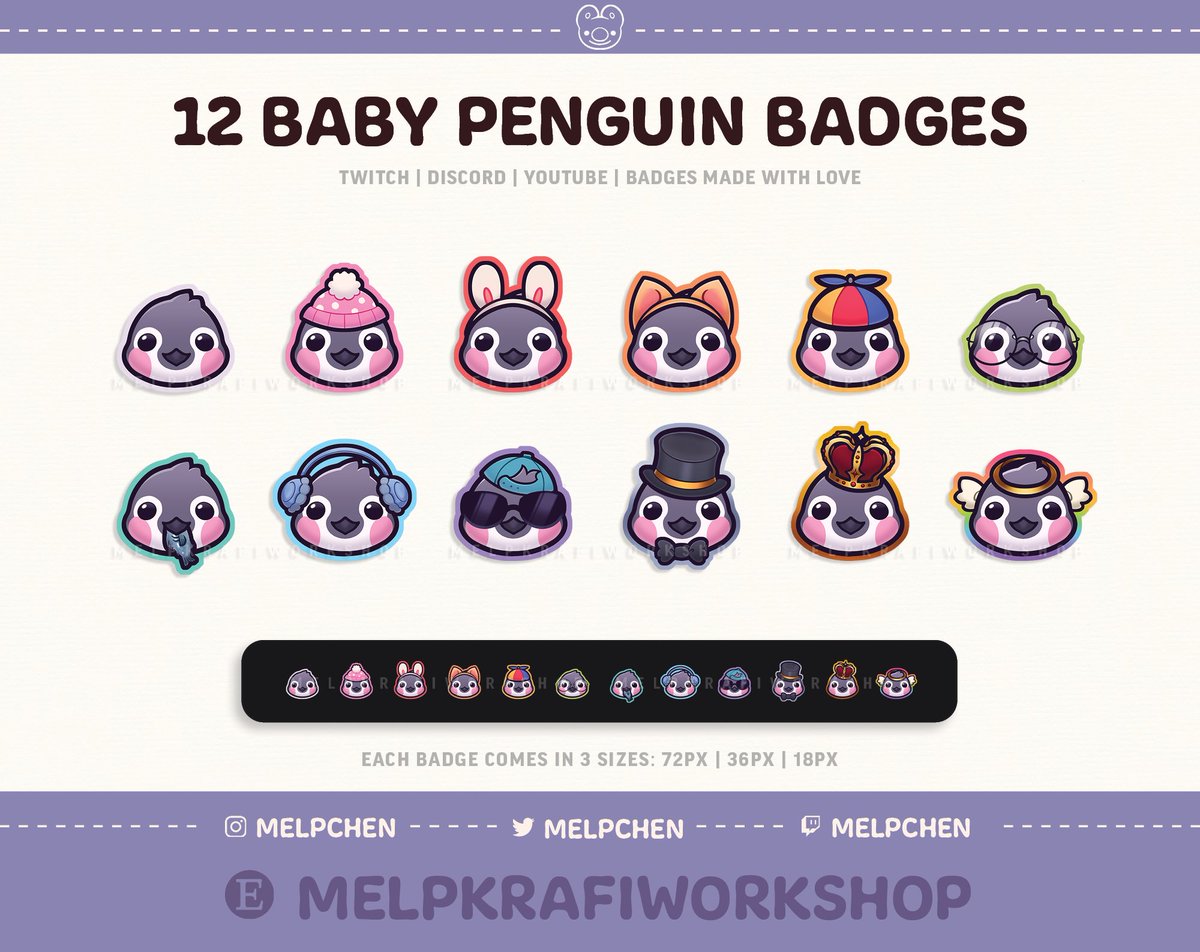 melpchen's tweet photo. Ready to break the ice? 🧊

I spent the last two days working on these 48 brand-new penguin badges. Grab &amp; enjoy them while they're still on sale! 🐧

💌Now available on Etsy, Gumroad &amp; Ko-Fi. Links to all in my bio.

#Penguins #penguinart #penguinbadges #twitchbadges https://t.co/Ytkfm87Ubw