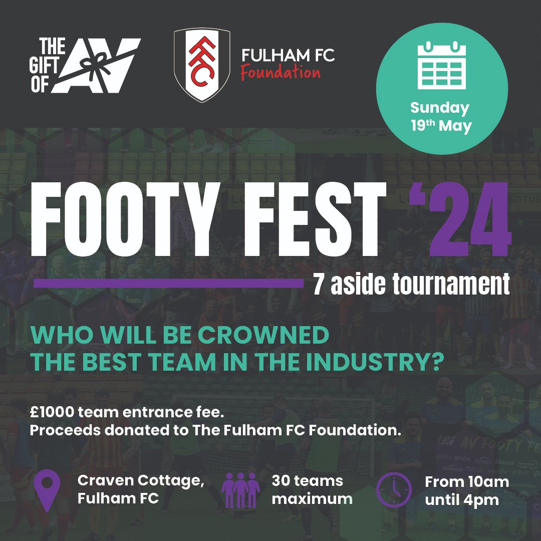 Midwich UK&I (@midwichltd) on Twitter photo โฝFooty Festโฝ is back for 2024! ๐
Please join us at <a href="/FulhamFC/">Fulham Football Club</a> on Sun 19th May for our annual 7-aside charity tournament with all proceeds going to the <a href="/FulhamFCFound/">Fulham FC Foundation</a> - Footy Fest is open to all!
Register your team by this coming Thurs 7th Mar forms.office.com/e/ttS4jmeu0u โฝFooty Festโฝ is back for 2024! ๐
Please join us at <a href="/FulhamFC/">Fulham Football Club</a> on Sun 19th May for our annual 7-aside charity tournament with all proceeds going to the <a href="/FulhamFCFound/">Fulham FC Foundation</a> - Footy Fest is open to all!
Register your team by this coming Thurs 7th Mar forms.office.com/e/ttS4jmeu0u