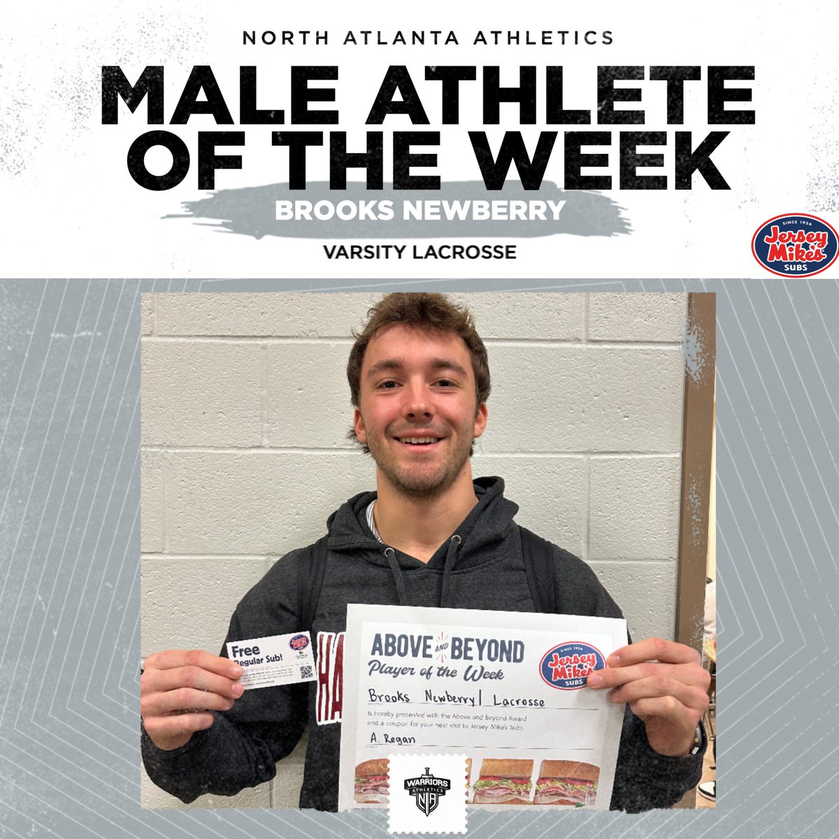 Congrats to Brooks Newberry for going Above & Beyond. Jersey Mike's Player of the Week. #ASTudentAbove #WarrFam