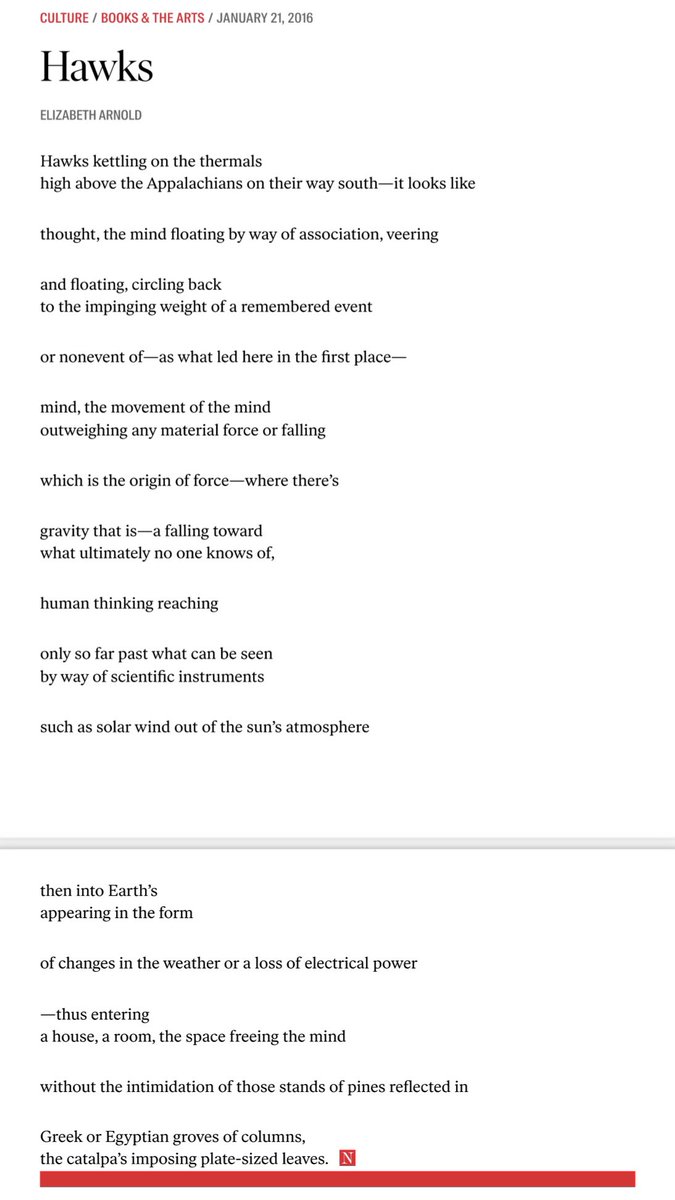 We will always be grateful for Elizabeth Arnold (1958 - 2024) who trusted us @thenation with her poems. “Looking at Maps” 2011 “Flow Dynamics” 2012 “At Brú na Bóinne” 2013 “Hawks” 2016 Rest in peace —