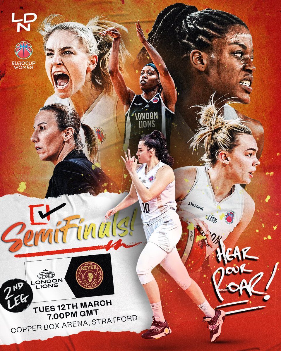 EUROCUP SEMIFINALS! 🔥🦁 Our historic @EuroCupWomen run continues as we face @REYER1872 in the SEMIFINALS! ✈️ 1st leg, Wednesday 6th March, 6:30pm GMT, Italy 🇮🇹 🏠 2nd leg, Tuesday 12th March, 7pm at @copperboxarena 🎟️ Buy tickets: ticketmaster.co.uk/women-s-euro-c… #WeAreLondon