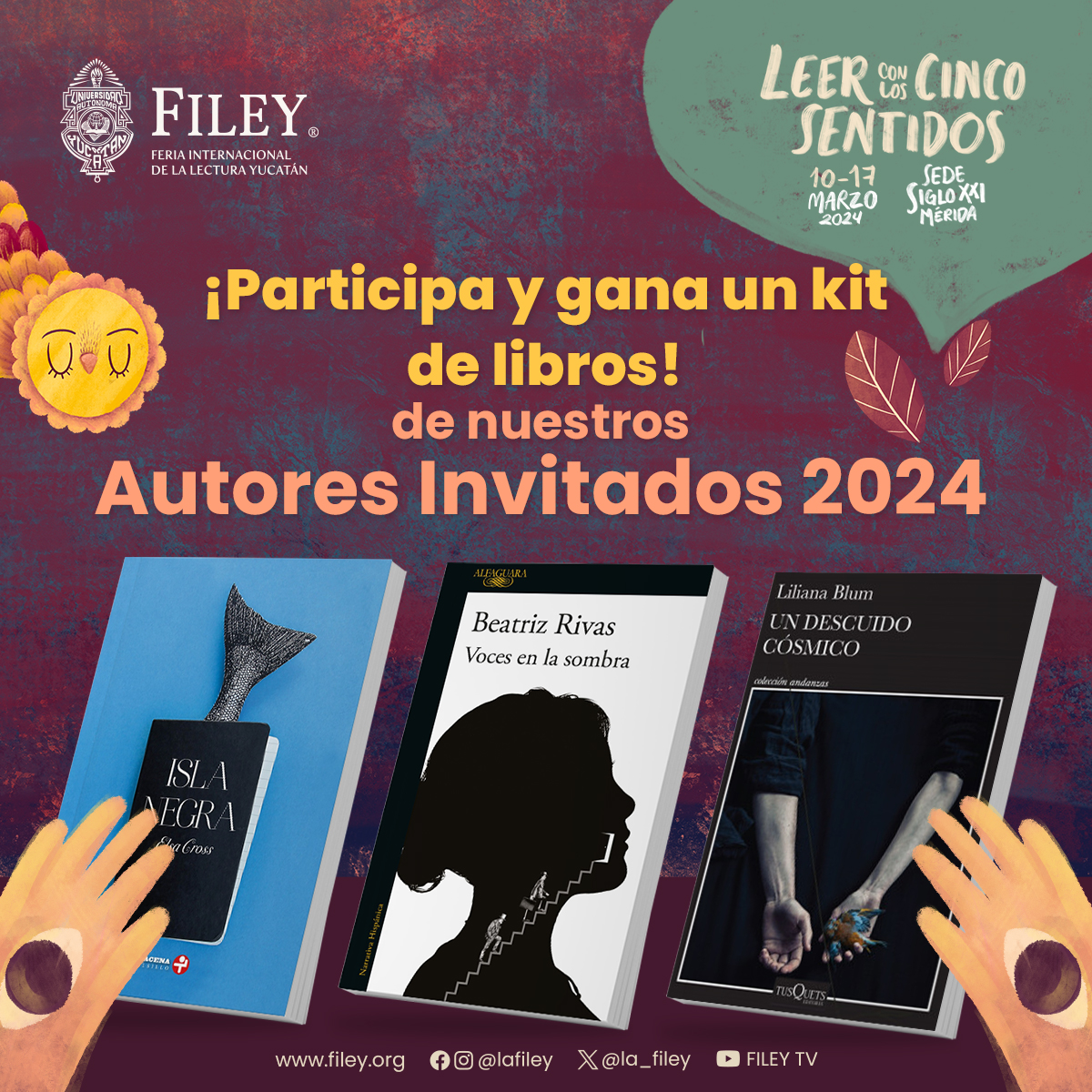 la_filey's tweet photo. ¡Participa en nuestro sorteo de un kit de libros con obras de nuestras invitadas a la #FILEY2024 #ElsaCross, @BRivasEscritora y @LaBlum! 🎁✨ Visita nuestra página de Facebook para enterarte de cómo participar. ¡Buena suerte! 🍀 #SomosUADY #SorteoFILEY https://t.co/jtO4QvtFl2