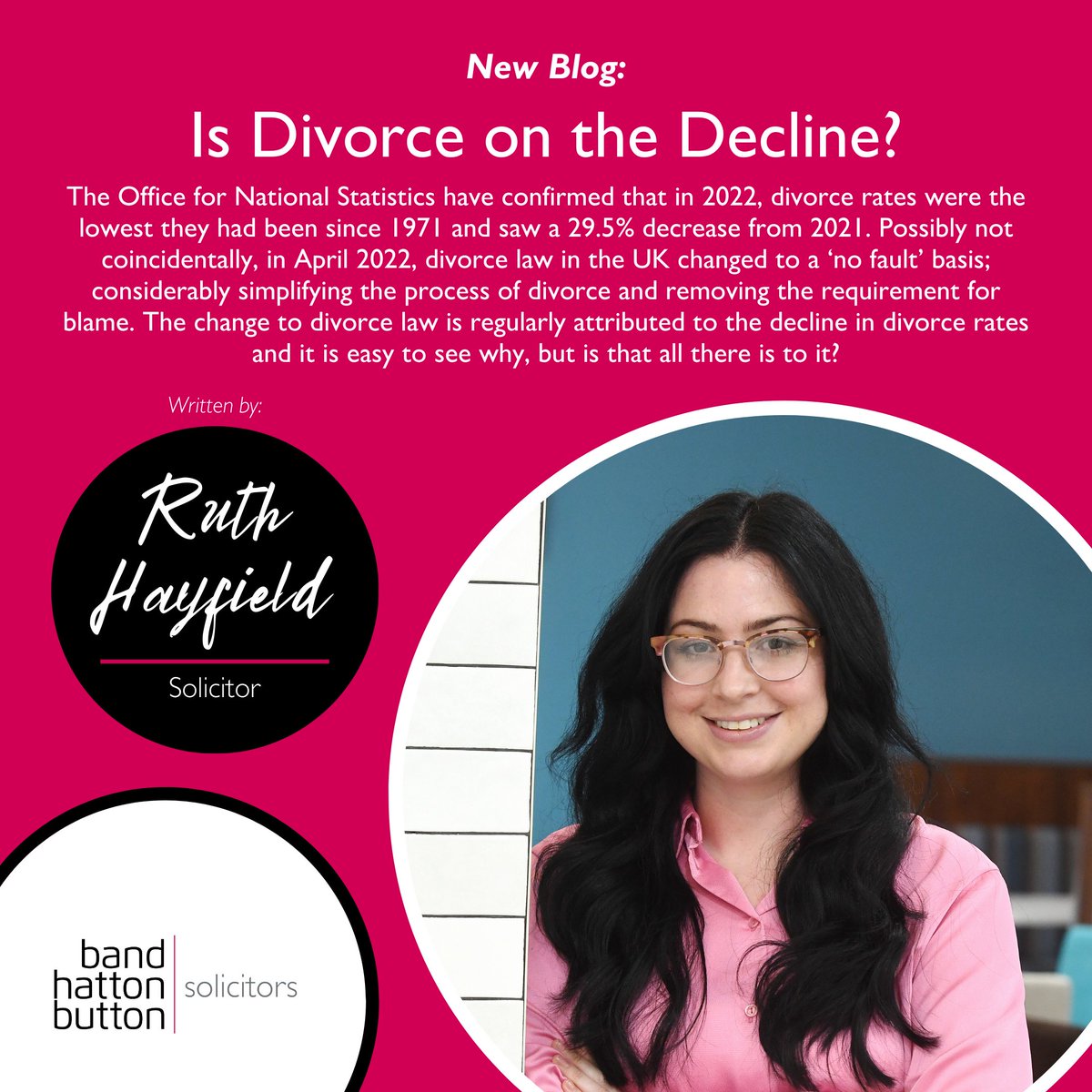Ruth Hayfield, Solicitor in our Family department, has written a new blog looking at the possible reasons for the decline in divorce rates, after it reportedly dropped by 29.5% in 2022.

Check out Ruth's latest blog using the link below:

bandhattonbutton.com/blog/is-divorc…

#divorcelaw