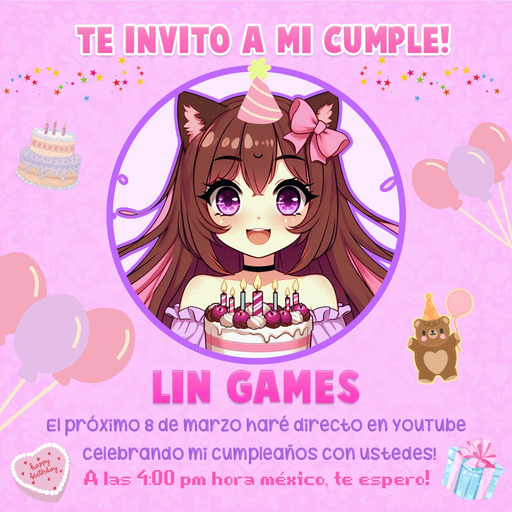 Lingames_'s tweet photo. Mi cumple es el 10 de marzo, pero lo estaré celebrando el 8 de marzo con ustedes en directo en mi canal de YouTube: Lin Games! 💖✨
Aquí les paso la invitación, espero puedan asistir 🧸
