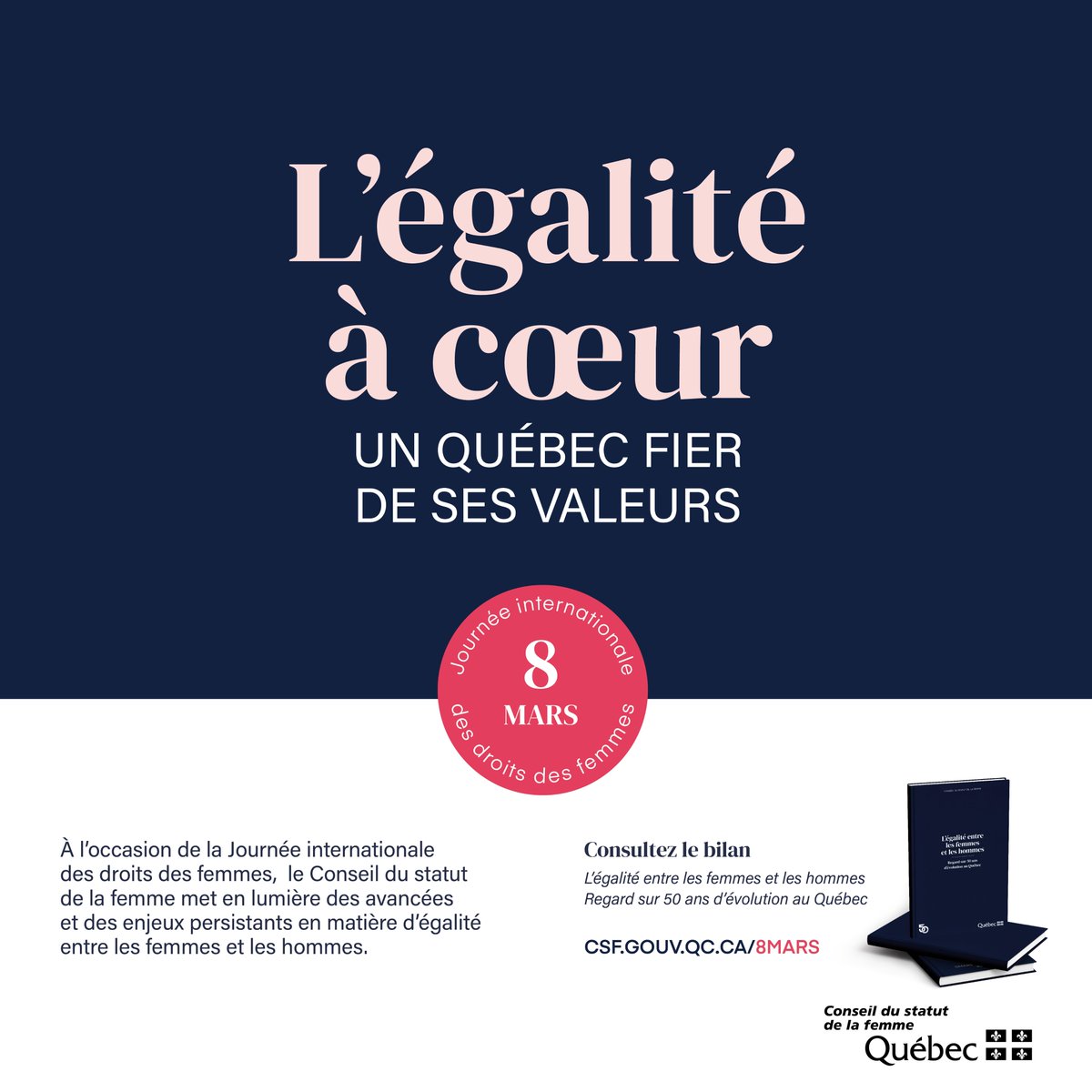 La campagne du #8mars du CSF rayonne sous le thème « L’égalité à cœur. Un Québec fier de ses valeurs. »  csf.gouv.qc.ca/egalite-et-soc…