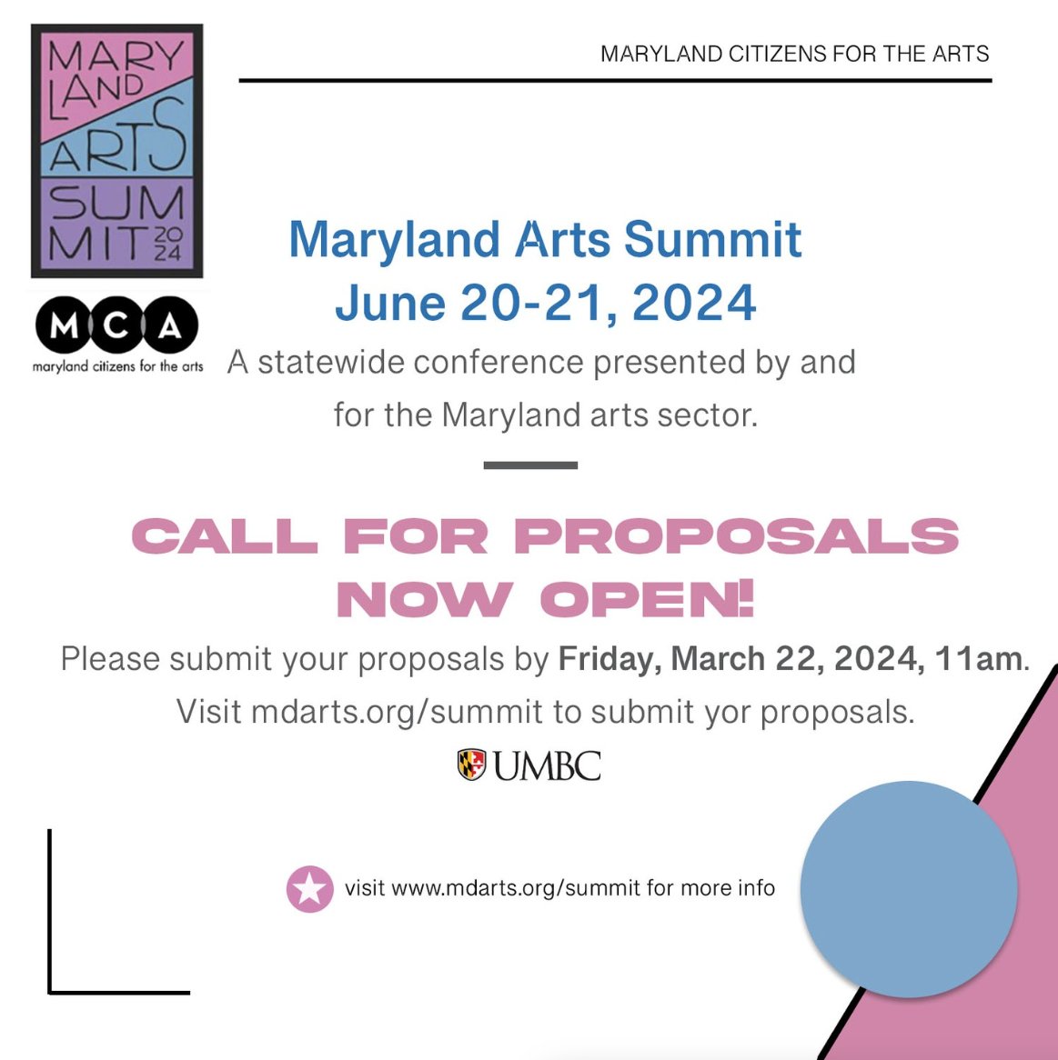 For our friends in Maryland - check out this upcoming summer conference with Maryland Arts Summit (<a href="/ArtsAdvocate_MD/">MD Citizens 4 Arts</a>)! ☀️ Learn more: mdarts.org/summit/

"The Maryland Arts Summit, hosted at <a href="/UMBC/">UMBC</a>, is a statewide conference presented by and for the Maryland arts sector, which