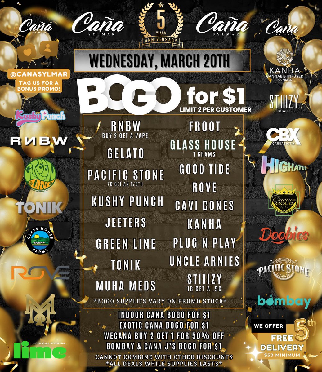 Join us on March 20th, as we celebrate our 5 Year Anniversary 🎉🛍️

Our biggest 20th Event yet ‼️

8:00 AM - 10:00 PM

📍13509 Hubbard St. Sylmar, Ca 91342

#CanaSylmar #The20thEvent