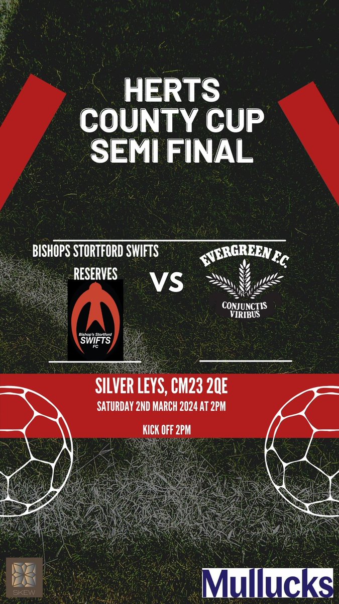 With a switch of venue - Swifts Reserves are now playing <a href="/evergreenfc2023/">Evergreen FC 1st & Reserves</a> in the <a href="/HertfordshireFA/">Hertfordshire FA</a> County Cup semi final at Silver Leys this Saturday.
Clubhouse and bar open from 1pm 🔴⚫️🔴