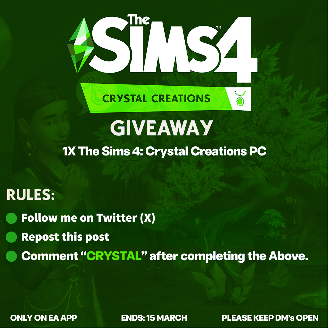 GIVEAWAY TIME 💎

I will be giving away one code for The Sims 4: Crystal Creations Stuff Pack PC.

💍Follow me on X
💍Repost this post  
💍Comment 'CRYSTAL' 

#TheSims4CrystalCreations #TheSims4 #notsponsored