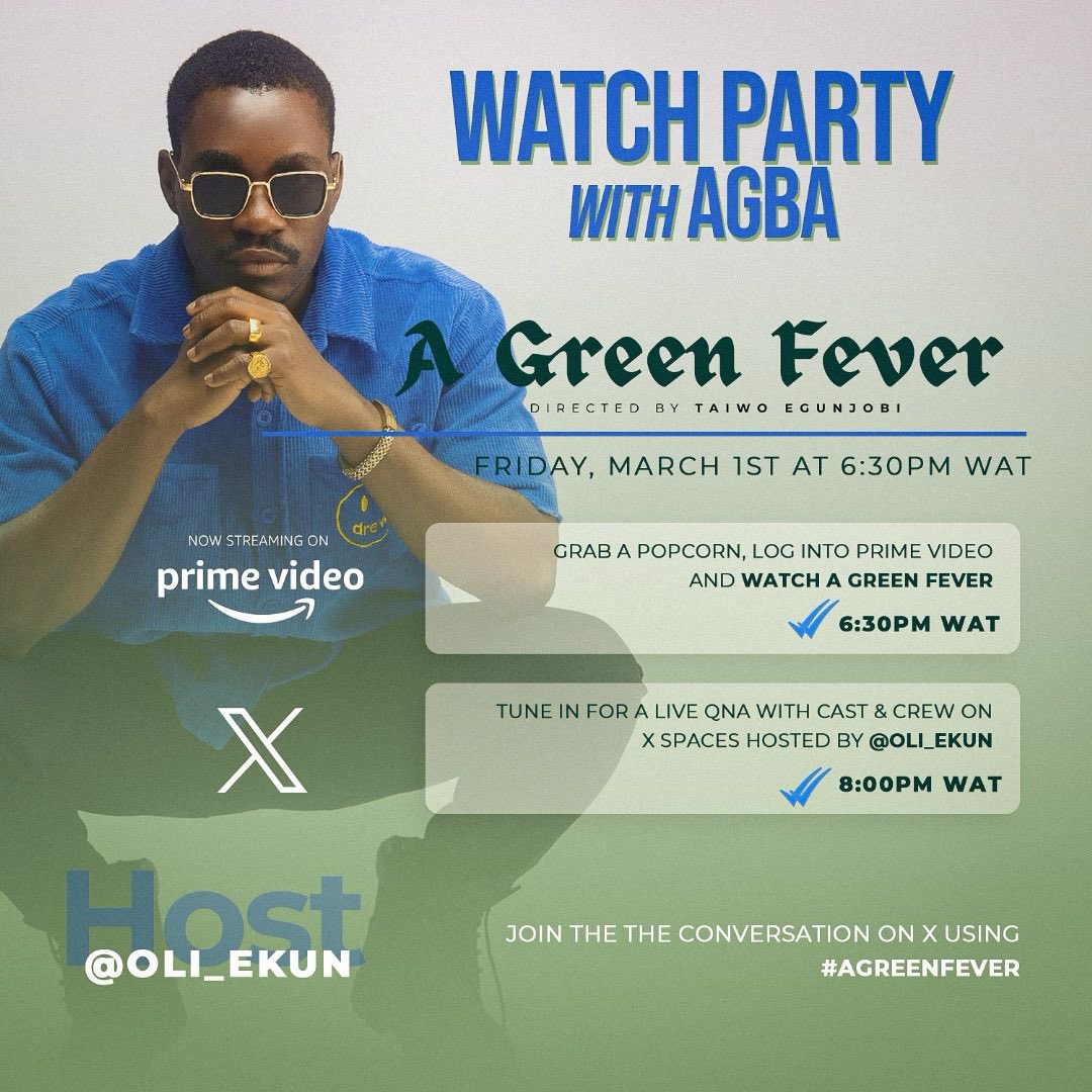 Rubyokezie's tweet photo. 📣 Public Service Announcement 📣

Subscribe to @primevideonaija and join our #AGreenFever virtual watch party (6:30PM) and Space (8PM) today March 1st! 💚 #AGreenFever https://t.co/PLJMHzWsRl