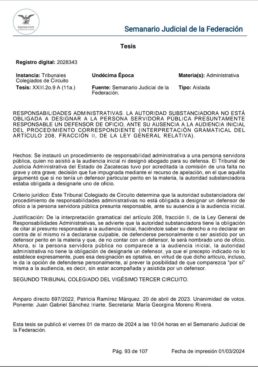 robertolp9's tweet photo. RESPONSABILIDAD ADMINISTRATIVA DE SERVIDORES  PÚBLICOS. No existe obligación de las autoridades substanciadoras de asignar un defensor público, cuando no asisten a su audiencia inicial.

Se continúan conformando los principios de este nuevo sistema. https://t.co/oMdQ8pOslj