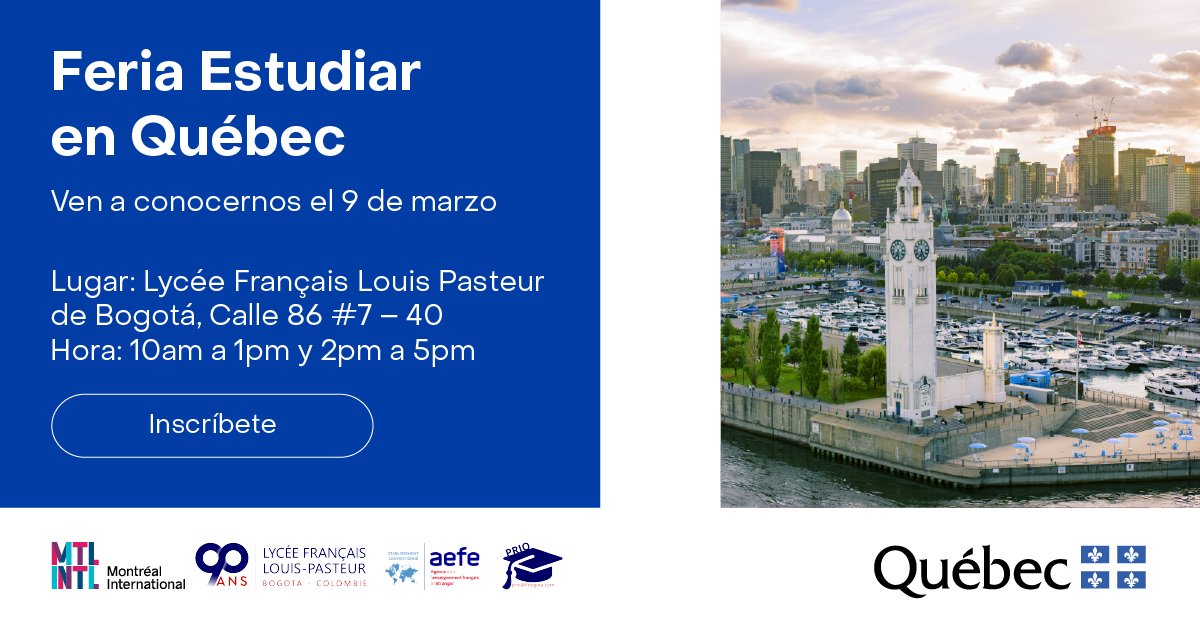 En una semana tendremos nuestro primer evento de la gira estudiar en Quebec en el Liceo Frances Louis Pasteur de Bogotá : sábado 9 de marzo. ¡Inscríbete ! #estudio #Quebec
